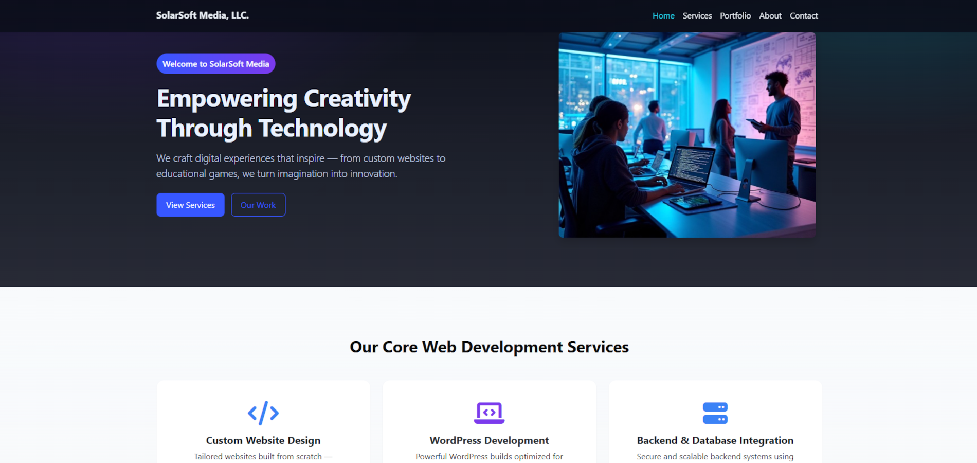 Homepage of SolarSoft Media website showing hero section, web development services, and modern portfolio layout
