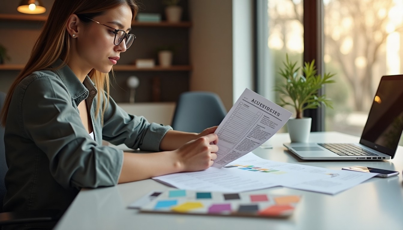 A designer reviewing an accessibility checklist on a desk beside a laptop and color palette guide, symbolizing inclusive web design.