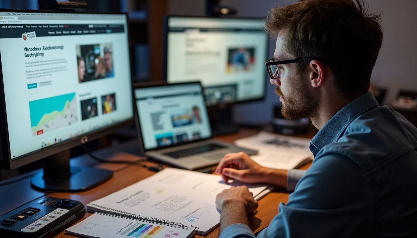 Designer reviewing accessibility color contrast and font sizes on a laptop screen with assistive technology tools nearby.