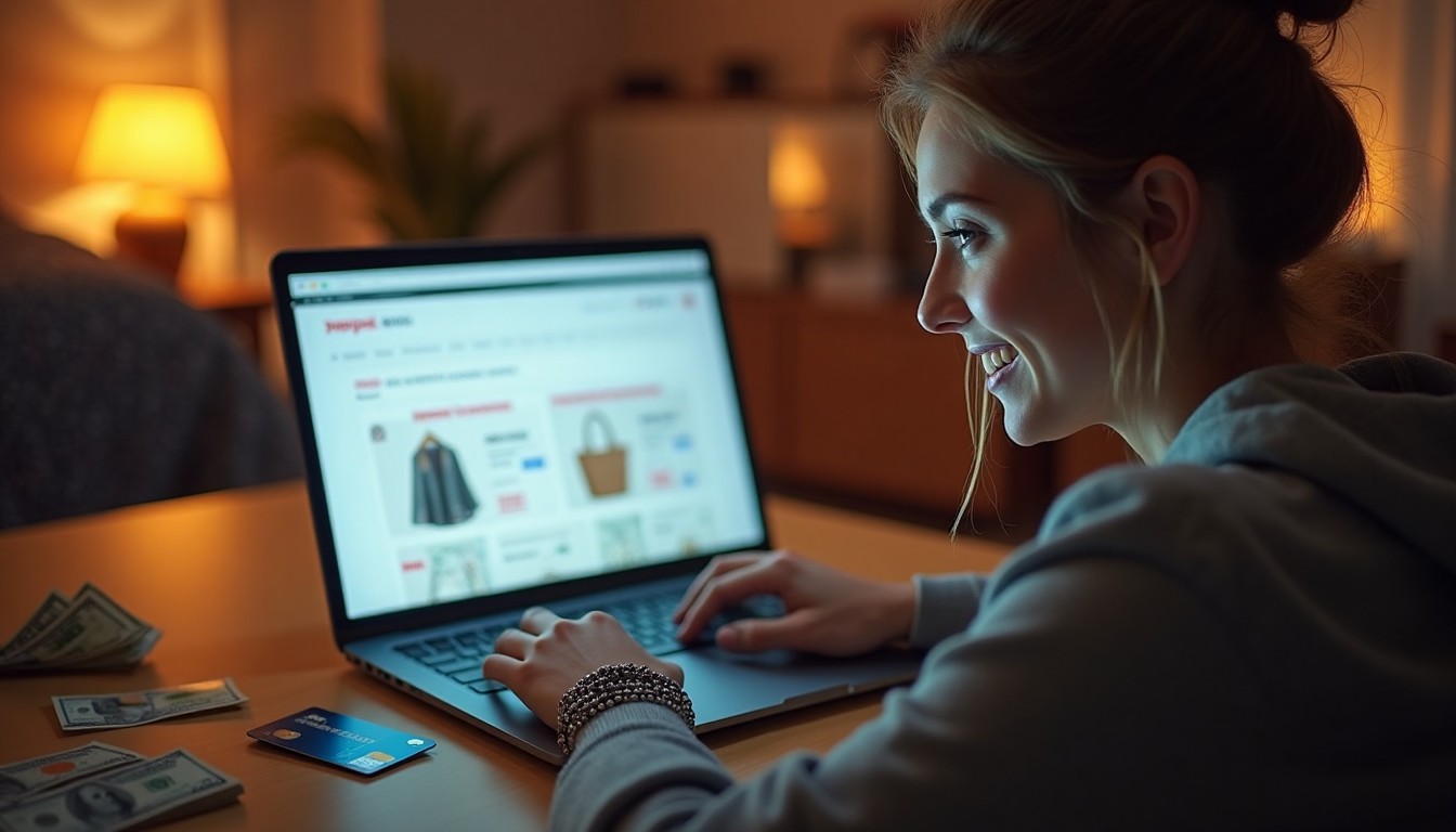 Customer using a laptop to shop online with a shopping cart and credit card visible, symbolizing trust in e-commerce transactions.