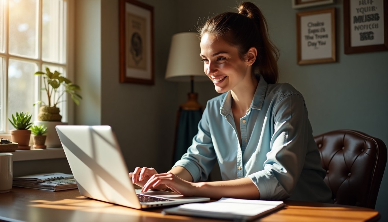 Small business owner reviewing a clean, minimalist website layout on a laptop while taking notes in a cozy office.