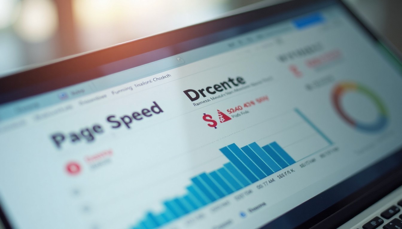 Website performance dashboard showing slow page speed metrics and high bounce rate on a laptop screen.