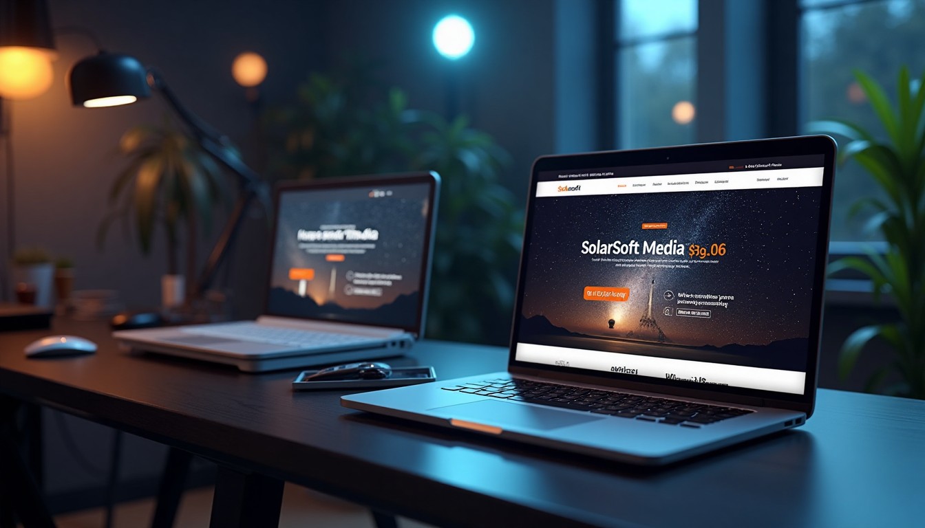 Screenshot of the SolarSoft Media website homepage featuring hero section, navigation menu, and web development service cards.