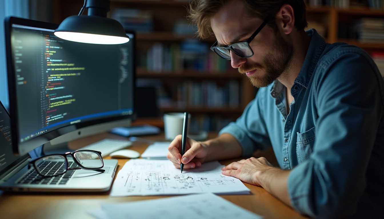 Developer checking off items on a printed WCAG accessibility compliance checklist beside a laptop.