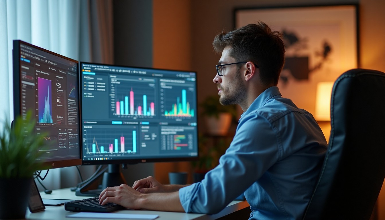 Web developer monitoring website performance and security on a dual-screen setup showing analytics charts and server dashboard.