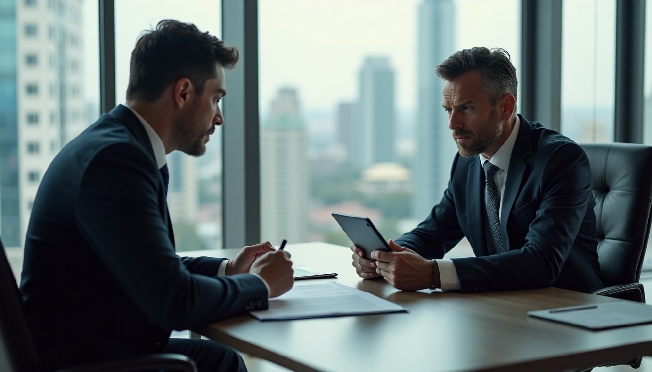 Client talking with attorney in modern office.