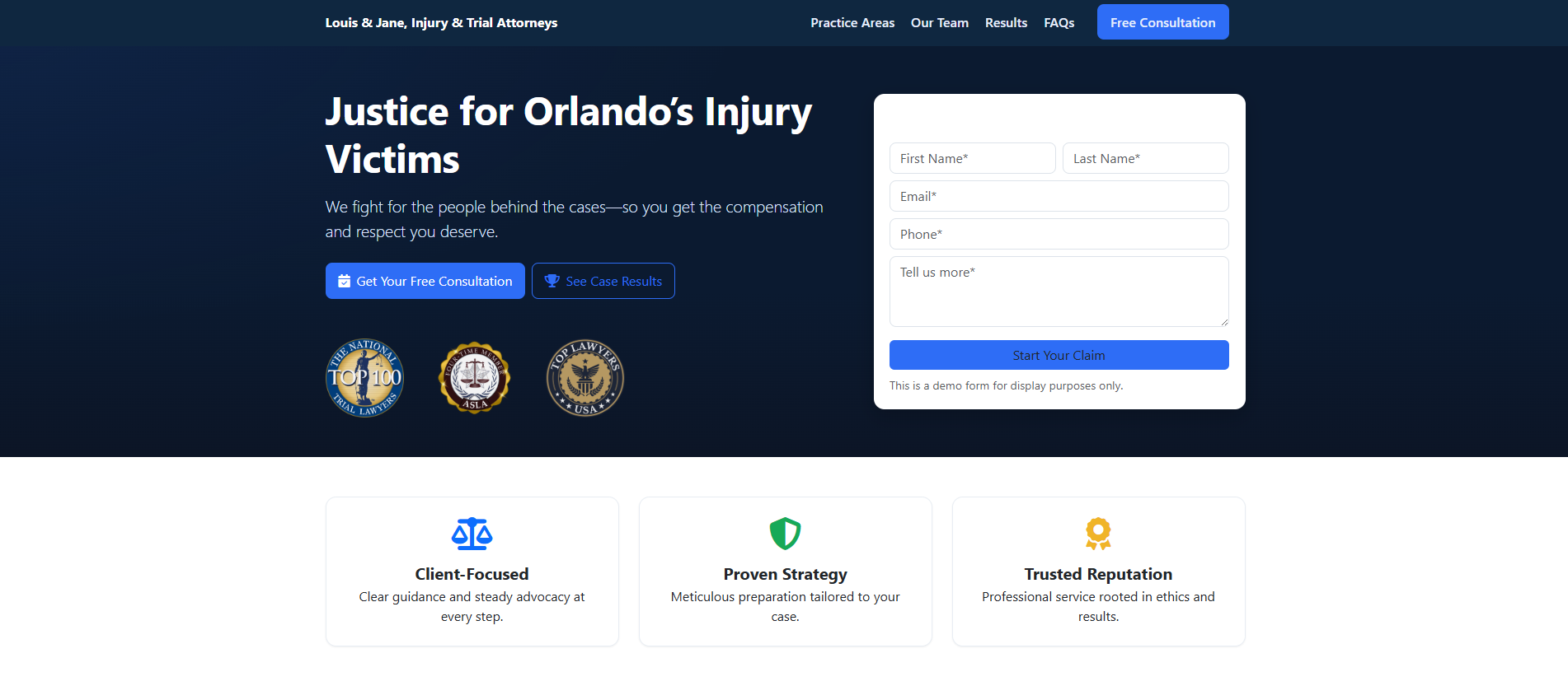 Clean law firm website mockup with neutral tones, serif typography, and a confident attorney photo header.