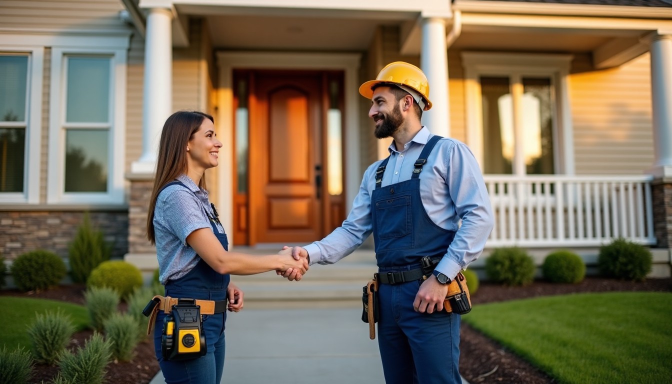 Contractor shaking hands with a homeowner in front of a renovated house.