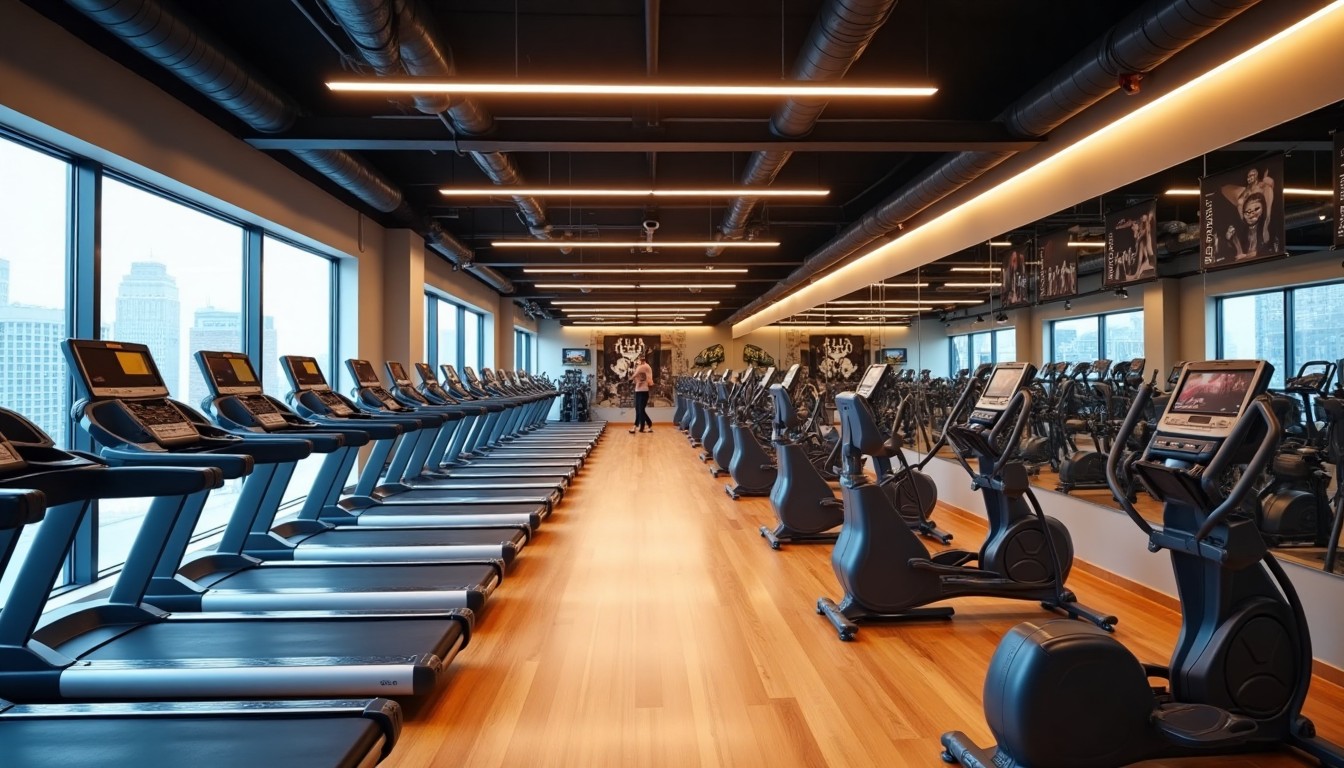 Modern fitness gym with cardio equipment and weights.