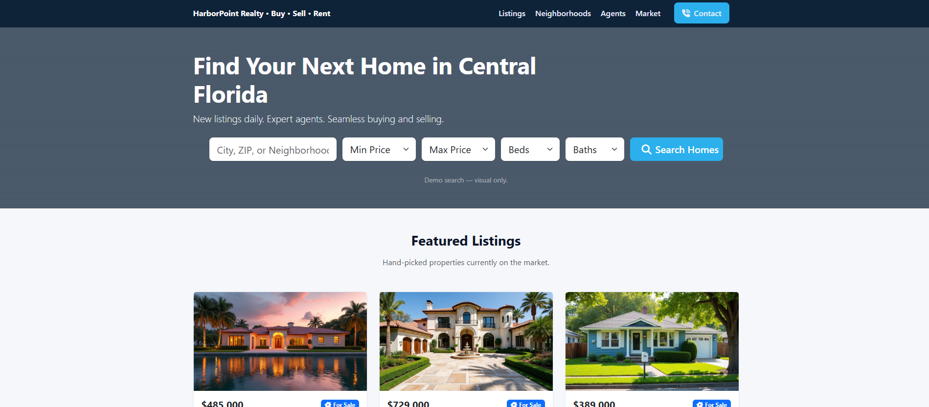 Elegant real estate website mockup with property gallery, agent headshots, and featured listings.
