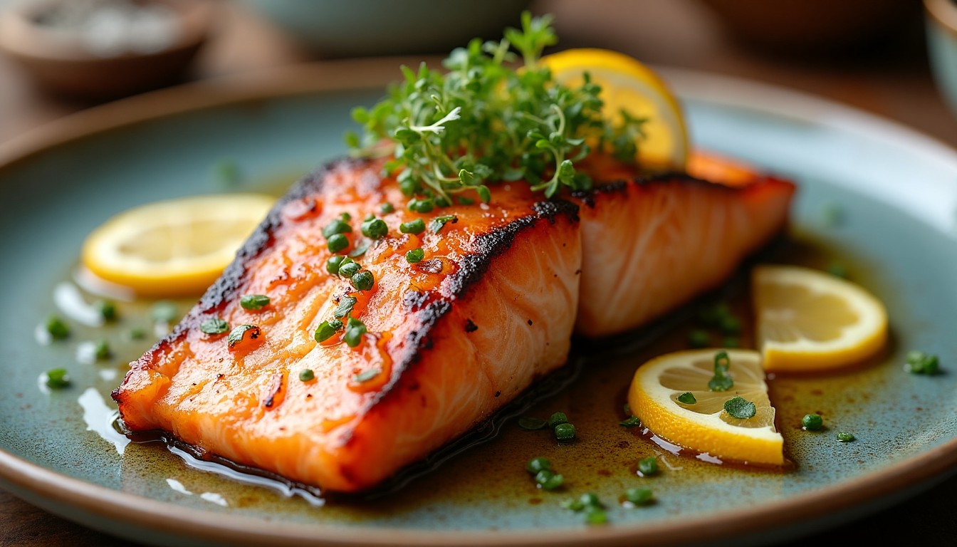 Charred Citrus Salmon plated on rustic stoneware.