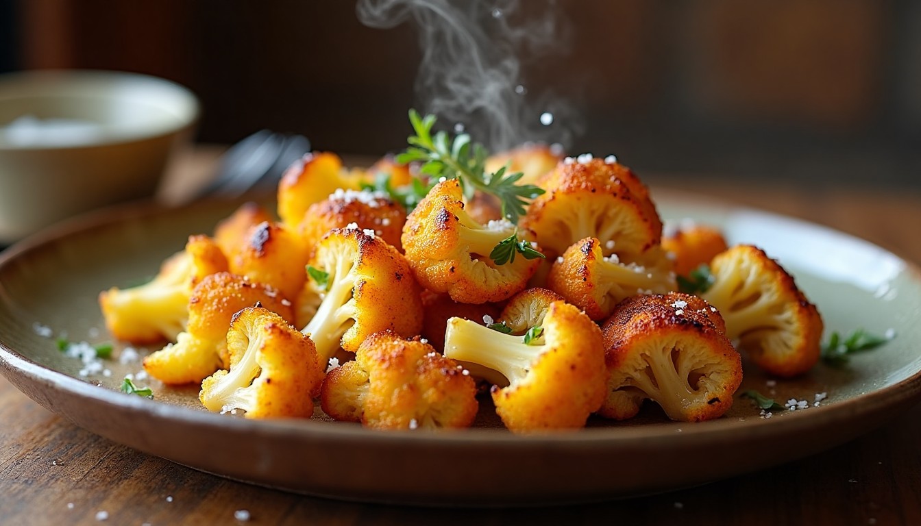 Ember-Roasted Cauliflower plated on rustic stoneware.