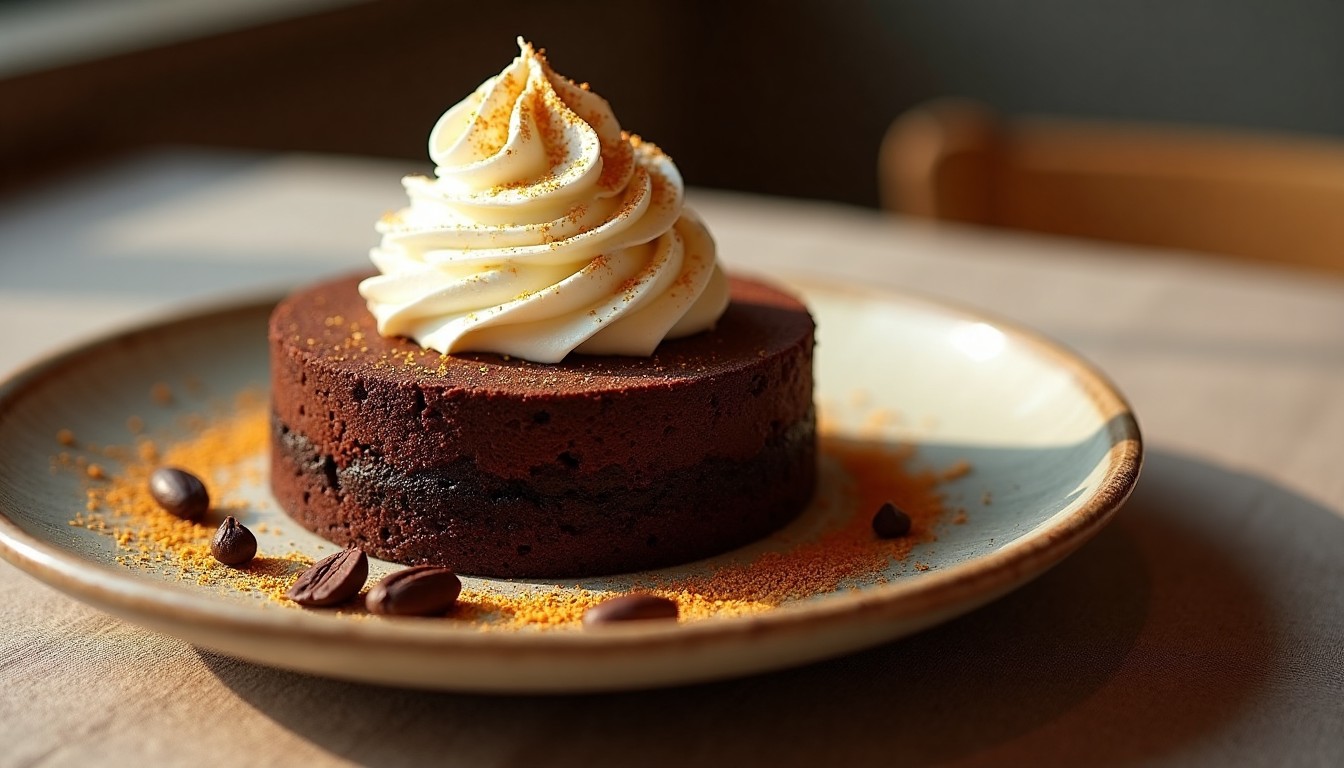 Smoked Chocolate Torte plated on rustic stoneware.
